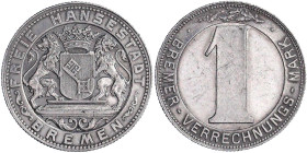 Freie Hansestadt Bremen
1 Bremer Verrechnungs Mark PROBE o.J. (1924). Mzst. Menden, Aluminium. 2,84 g. vorzüglich, sehr selten. Jaeger N45 Anm..