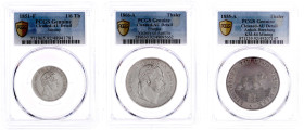 Deutsche Münzen bis 1871
3 gegradete Silbermünzen: Anhalt-Bernburg Taler 1855, Preußen Siegestaler 1866 und Sachsen 1/6 Taler 1851. Alle Grading "Gen...