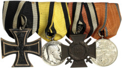 Deutschland
Deutsche Länder, bis 1918
Vierer-Ordensspange: EK II 1914, Württemberg silberne Tapferkeitsmed., Ehrenkr. f. Fr., DA 9 Jahre. vorzüglich...