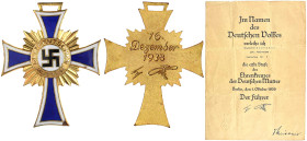 Deutschland
Drittes Reich, 1933-1945
Mutterkreuz in Gold 1938. Mit gefalteter Urkunde. vorzüglich, Emaillechips. Niemann 6.02.30a.