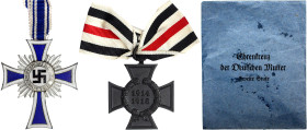 Deutschland
Drittes Reich, 1933-1945
Mutterkreuz in Silber 1938 mit Band in Originaltüte, dazu Witwenkreuz am Band. vorzüglich. Niemann 6.02.30b.