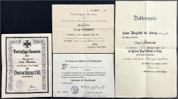 Lots
Deutschland
4 Urkunden/Besitzzeugnisse des Obergefreiten Erich Biermann: 2 X vorläufiger Ausweis für das EK II 1914, Besitzzeugnis für die Frie...