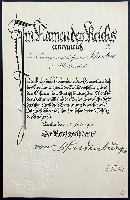 Autographen
Weimarer Republik, 1919-1933
Ernennungsurkunde zum Ministerialrat ...