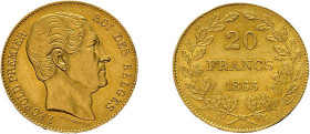 20 Francs 1865, Leopold I., Fb 411, vorzüglich.