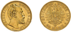 Anhalt, 20 Mark 1875, Friedrich I., J. 179, kl. Randfehler, gereinigt, sehr schön bis vorzüglich.