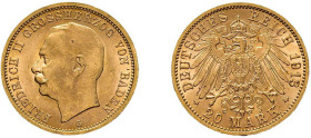 Baden, 20 Mark 1914, Friedrich II., J. 192, kl. Kratzer, vorzüglich bis Stempelglanz.