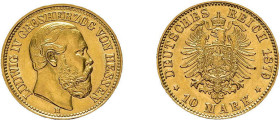 Hessen, 10 Mark 1879, Ludwig IV., J. 219, gereinigt, vorzüglich.