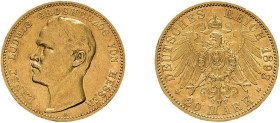 Hessen, 20 Mark 1893, Ernst Ludwig, J. 223, kl. Randfehler, sehr schön.