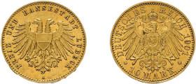 Lübeck, 10 Mark 1901, J. 227, kl. Randfehler, vorzüglich.