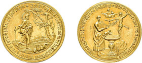 Nürnberg, Goldmedaille (6,93g) o.J. (ca. 1750), von Loos, auf die Taufe. Av: Schreitender Jesus nach rechts, zu seinen Füssen ein am Boden liegendes K...