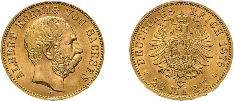 Sachsen, 20 Mark 1876, Albert. AKS 162, J. 262, kleine Randfehler, vorzüglich+....