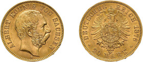 Sachsen, 20 Mark 1876, Albert. AKS 162, J. 262, kleine Randfehler, vorzüglich+.