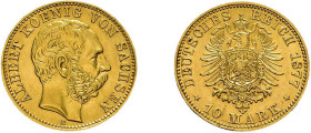 Sachsen, 10 Mark 1877, Albert. AKS 164, J. 261, gereinigt, vorzüglich.