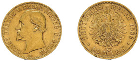 Sachsen-Coburg-Gotha, 20 Mark 1886, Ernst, J. 271, gereinigt, kl. Randfehler, sehr schön.
