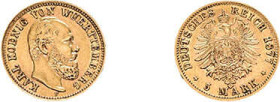 Württemberg, 5 Mark 1877, Karl I., AKS 138, J. 291, gereinigt, fast vorzüglich.