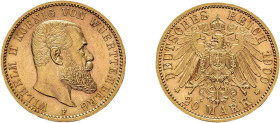 Württemberg, 20 Mark 1900, Wilhelm II., kl. Randfehler, vorzüglich+.