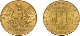 100 Drachmen Gold 1967 (1970), auf die Revolution vom 21. April 1967. Fb. 21, KM 95, Stempelglanz.