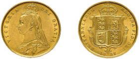 1/2 Sovereign 1887, Victoria. Fb. 393, kl. Kratzer, vorzüglich bis Stempelglanz.