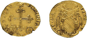 Bologna, Scudo d`oro (3,13g) o.J., Pius V., 1566-1572. Muntoni 45, CNI 5, Randfehler, sehr schön.