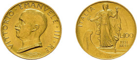 100 Lire Gold 1931, Vittorio Emanuele III., Fb. 33, vorzüglich