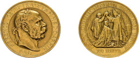100 Kronen 1907, Franz Joseph I., Kremnitz. Auf des 40-jährige Krönungsjubiläum. Huszar 2213, Fb. 256, kl. Randabschliff, etwas poliert, vorzüglich....