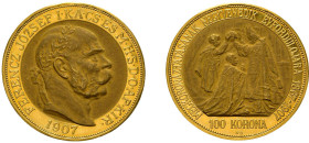 100 Kronen 1907, Franz Joseph I., Kremnitz. Auf des 40-jährige Krönungsjubiläum. Huszar 2213, Fb. 256, wz. Kratzer, Polierte Platte.