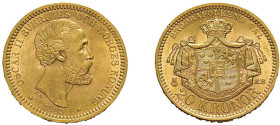 20 Kronen 1889, Oskar II., Stockholm. Fb. 93a, kl. Randfehler, vorzüglich bis Stempelglanz.