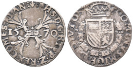 Belgien Flandern, Philipp II. 1555-1598, 1/4 Reichstaler (1/4 Ecu de Bourgogne) 1570, Brügge. 7,06 g Delm. 107 (R2). Sehr selten. Hübsche Patina, sehr...