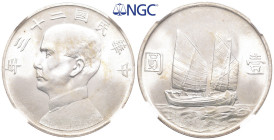 China, Republik, Dollar Jahr 23 (1934). Dav. 223; L/M 110. Sehr selten in dieser Erhaltung. Stempelglanz. Im NGC Plastikholder mit der Bewertung MS 65...