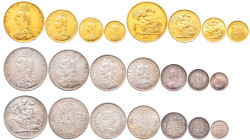 Großbritannien, Victoria 1837-1901, Specimen Set 1887, London. Jubilee Coinage. Gold 5 Pounds, 2 Pounds, Sovereign und 1/2 Sovereign. Silver Crown, Do...