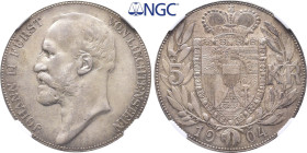 Liechtenstein, Johann II. 1858-1929, 5 Kronen 1904, Wien. HMZ 2-1376c; Dav. 216. Fast Stempelglanz. Im NGC Plastikholder mit der Bewertung MS 63 (8360...