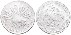 Mexiko, Zweite Republik seit 1867, 8 Reales 1893 RS, Guanajuato. 27,20 g. K/M 377.8. Winz. Randfehler, vorzüglich +