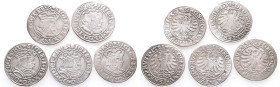 Polen, Sigismund I. 1506-1548, Groschen 1530 (2x), 1531 (2x) und 1534. 5 Stück. Sehr schön