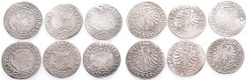 Polen, Sigismund I. 1506-1548, Groschen 1530 (2x), 1531, 1533, 1534 (2x). 6 Stück. Gelocht (1x), sehr schön