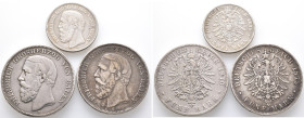 Kaiserreich, Baden, Friedrich I. 1852-1907, 2 Mark 1876 und 5 Mark 1875, 1876. J. 26 und 27 F. 3 Stück. Kl. Randfehler, sehr schön
