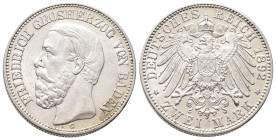 Kaiserreich, Baden, Friedrich I. 1852-1907, 2 Mark 1892. J. 28. Vorzüglich-Stempelglanz