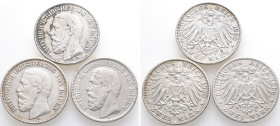 Kaiserreich, Baden, Friedrich I. 1852-1907, 2 Mark 1896 und 1900 (2x). J. 28. 3 Stück. Gereinigt (1x), sehr schön