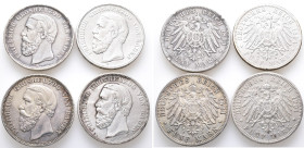 Kaiserreich, Baden, Friedrich I. 1852-1907, 5 Mark 1891, 1894, 1899 und 1901. J. 29. 4 Stück. Fassungsspuren (1x), sehr schön