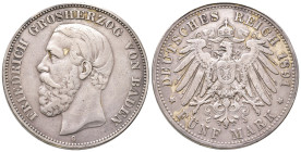 Kaiserreich, Baden, Friedrich I. 1852-1907, 5 Mark 1891. Ohne Querstrich im A. J. 29 F. Rand leicht bearbeitet, sehr schön
