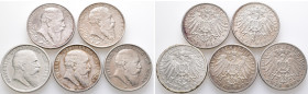 Kaiserreich, Baden, Friedrich I. 1852-1907, 2 Mark 1902 (2x), 1903, 1904 und 1905. J. 30 und 32. 5 Stück. Sehr schön-vorzüglich