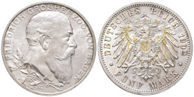 Kaiserreich, Baden, Friedrich I. 1852-1907, 5 Mark 1902. Regierungsjubiläum. J. 31. Min. Belag, winz. Randfehler, fast vorzüglich