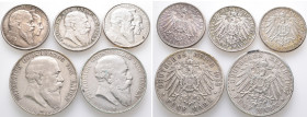 Kaiserreich, Baden, Friedrich I. 1852-1907, 5 Mark 1902, 1907 und 2 Mark 1906 (2x), 1907. J. 33, 34 und 36. 5 Stück. Sehr schön-vorzüglich