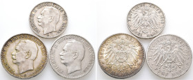 Kaiserreich, Baden, Friedrich II. 1907-1918, 3 Mark 1909 und 5 Mark 1908, 1913. J. 39 und 40. 3 Stück. Sehr schön