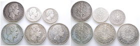 Kaiserreich, Bayern, Ludwig II. 1864-1886, 2 Mark 1876, 1877 und 5 Mark 1874 (2x), 1875, 1876. J. 41 und 42. 6 Stück. Zum Teil mit Randfehlern, schön ...