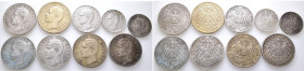 Kaiserreich, Bayern, Otto 1886-1913, 2 Mark 1896, 1904; 3 Mark 1908; 5 Mark 1895, 1898, 1899, 1902, 1904, 1908. J. 45, 46, 47. 9 Stück. Altvergoldet (...