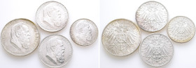 Kaiserreich, Bayern, Luitpold 1886-1912, 2, 3 (2x) und 5 Mark 1911. 90. Geburtstag. J. 48, 49, 50. 4 Stück. Vorzüglich-Stempelglanz