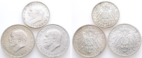 Kaiserreich, Bayern, Ludwig III. 1913-1918, 2 und 3 Mark 1914. J. 51, 52. 3 Stück. Kl. Feilspur am Rand (1x), vorzüglich-Stempelglanz
