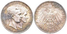 Kaiserreich, Braunschweig, Ernst August 1913-1918, 3 Mark 1915. Mit 'Lüneburg'. Regierungsantritt. J. 57. Vorzüglich