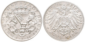 Kaiserreich, Bremen, Stadt, 2 Mark 1904. J. 59. Prachtexemplar. Fast Stempelglanz