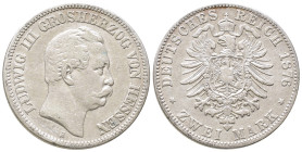 Kaiserreich, Hessen, Ludwig III. 1848-1877, 2 Mark 1876. J. 66. Kl. Randfehler und Kratzer, min. Bearbeitungsstelle im Feld, sehr schön